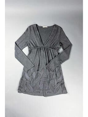 Y2K Grey Long Sleeve V-Neck Mini Dress with Patterned Hem